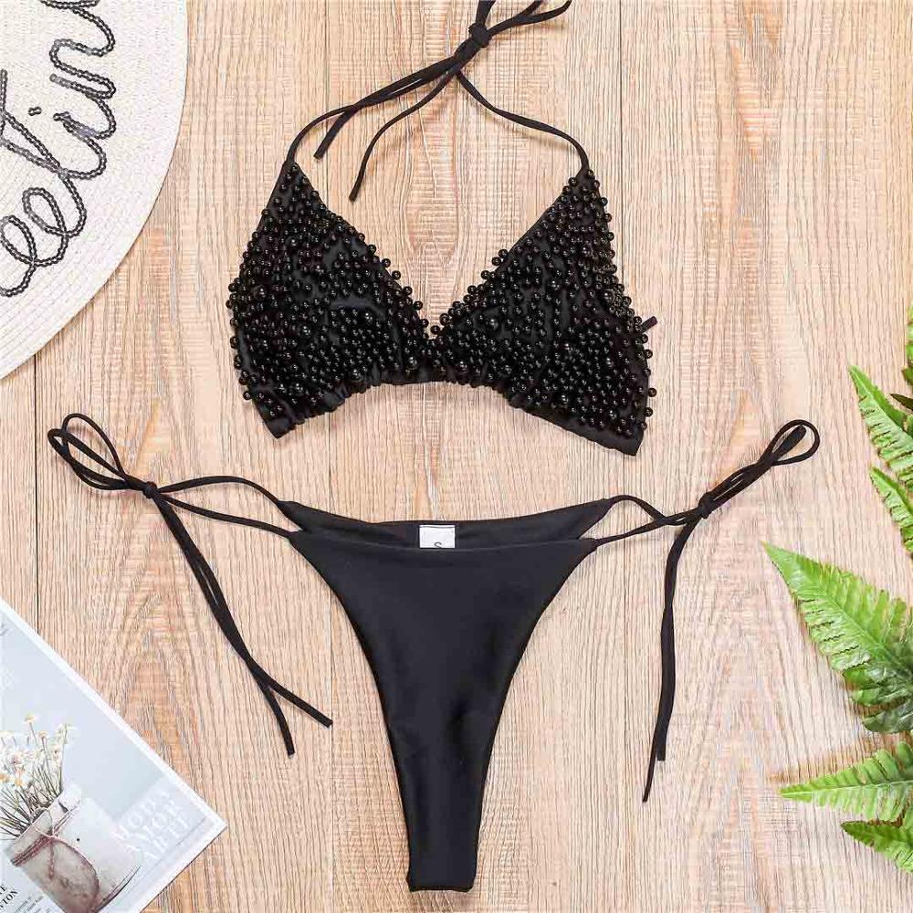 Halter Mini Bikini Female Swimsuit Women Swimwear Two-pieces Bikini set Luxury Pearl Bather Bathing Suit Swim Lady