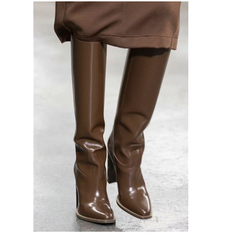 Ladies Autumn Pointed Toe Knee Boots Brand New Hollow Wooden High Heel Sexy High Boots/Red Brown/Black/Grey Plaid 34-43 Sizes