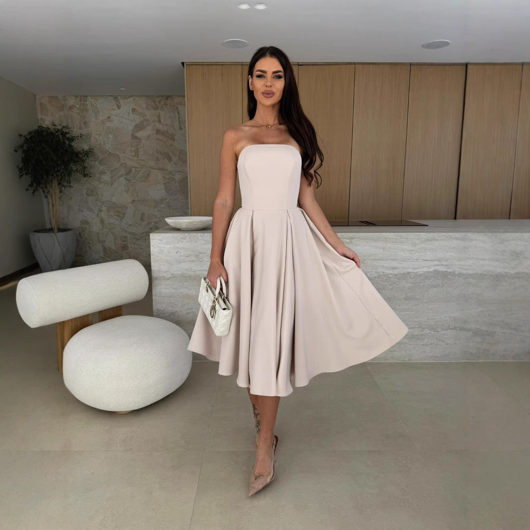 Womens Fashion Solid-Color Casual Low-Cut Dress