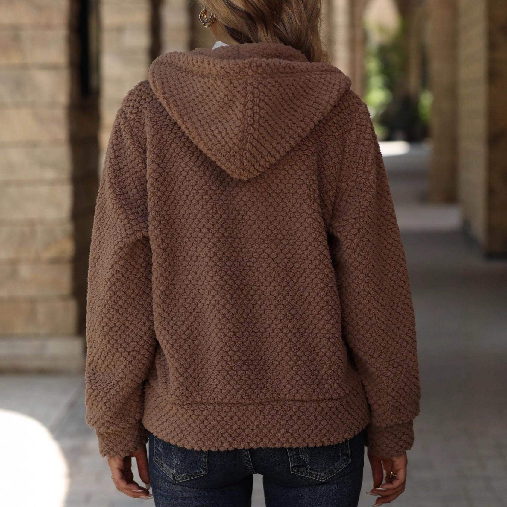 Women's Autumn And Winter Loose Pocket Hooded Zipper Plush Jacket