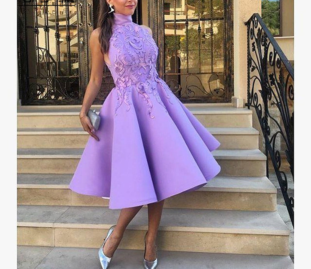 High Collar Sleeveless Purple Ball Gown Knee Length Applique