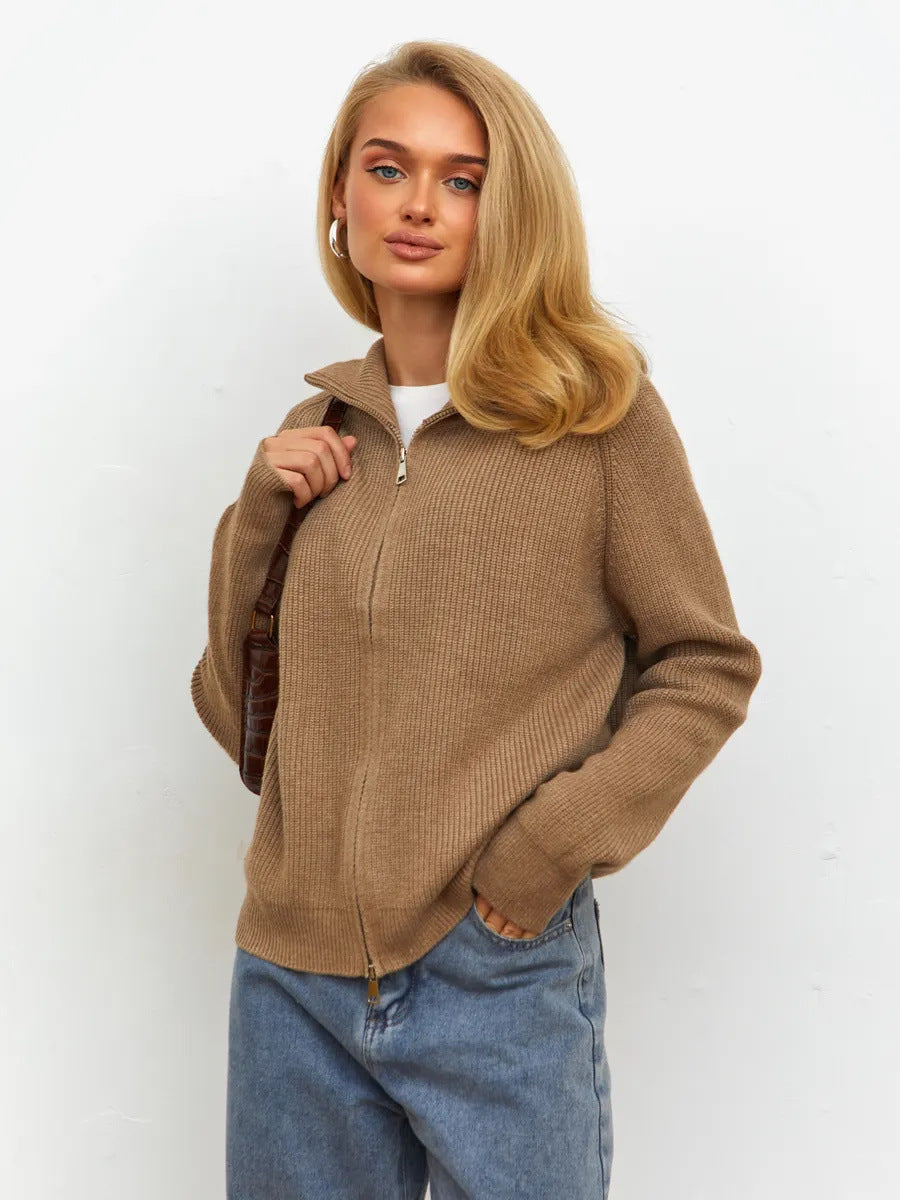 Women's Casual Knit Dual-zip Solid Color Sweater
