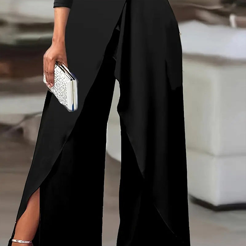 Women's Elegant One-Shoulder Jumpsuit With Long Sleeves & Pants Slit Pleated Waist Formal & Party For Spring&Summer