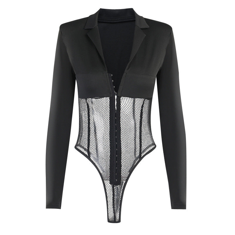 Mesh Stitching V-neck Sexy Long-sleeved Bodysuit