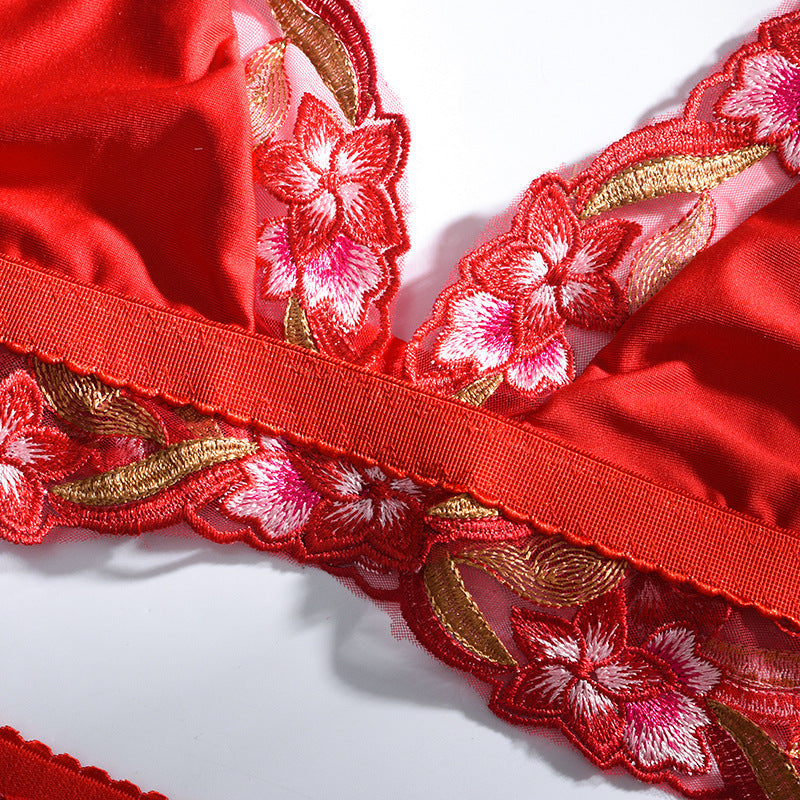 Ladies' Mesh Lace Embroidery Red Sexy Lingerie