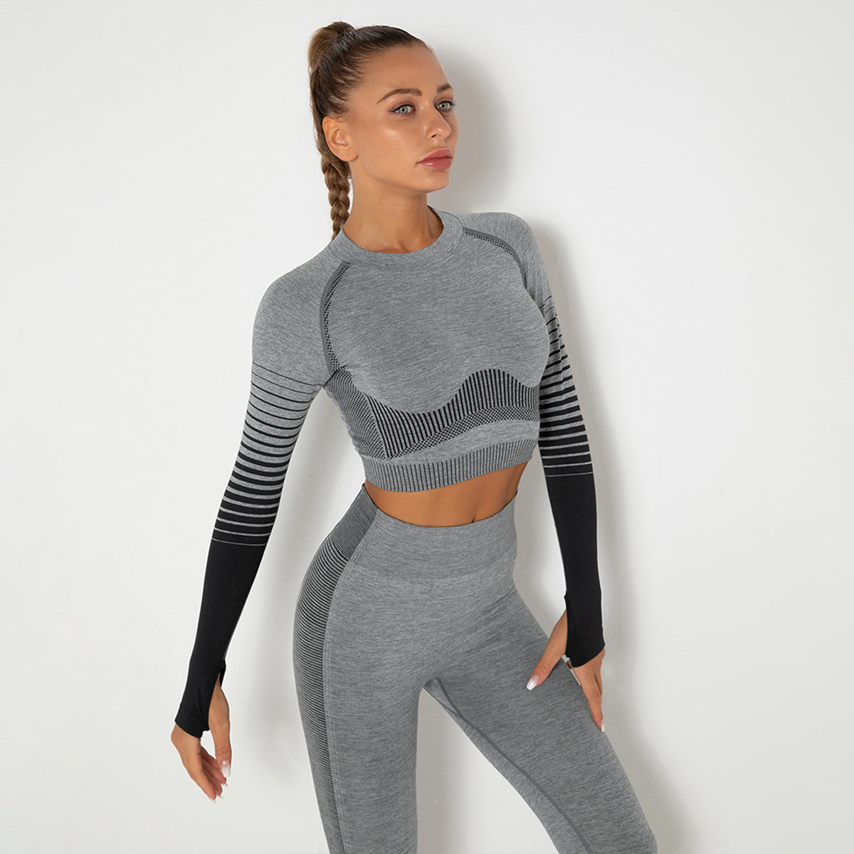 Women's Tights Seamless Knitted Color Matching Yoga Long Sleeves