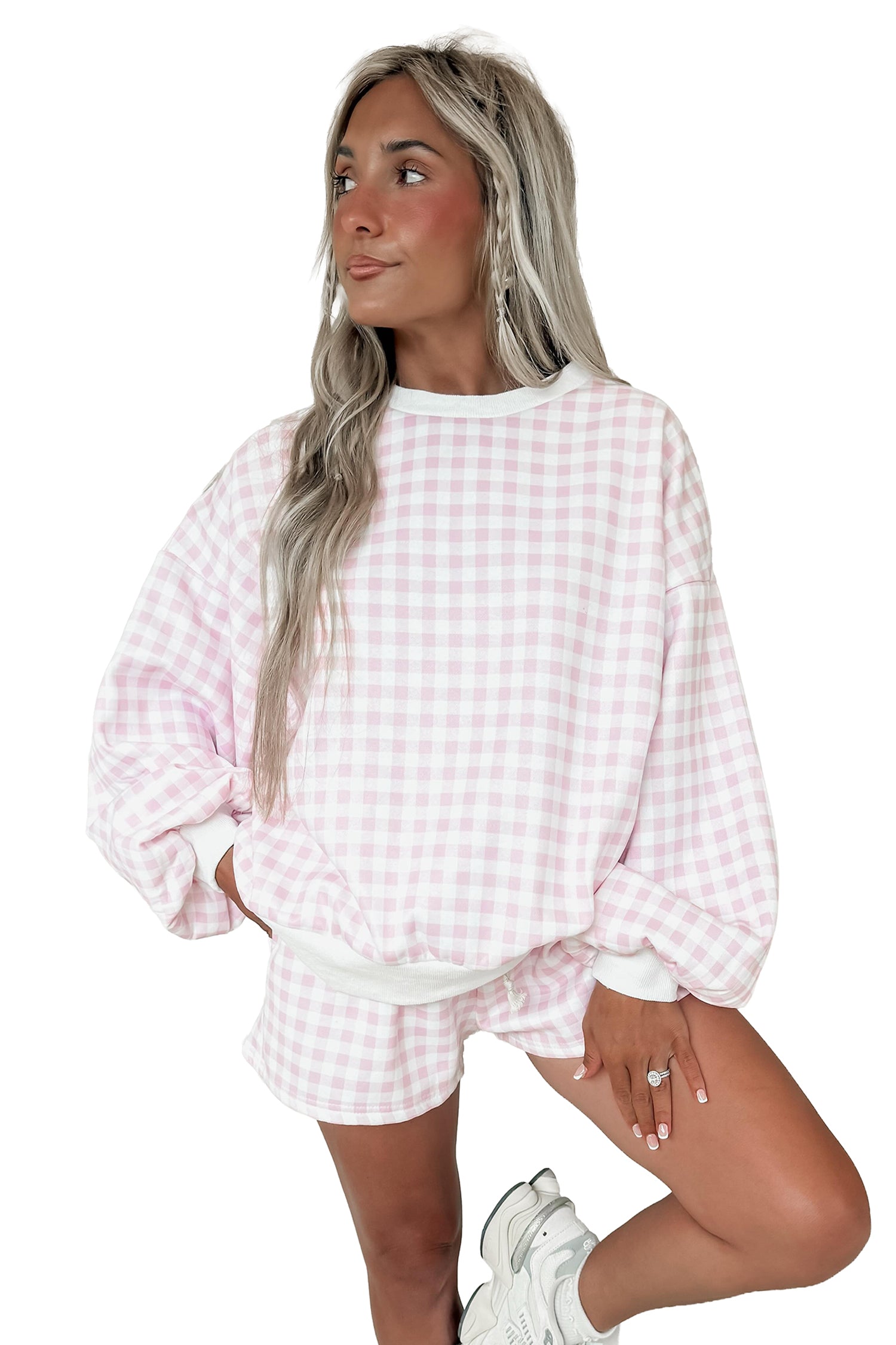 Yellow Plaid Baggy Pullover Drawstring Casual Shorts 2pcs Outfit
