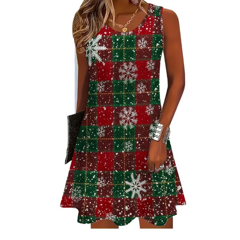 Loose-fitting Sleeveless Dress With A Festive Christmas Snowflake Print