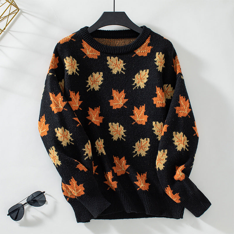 Sweater Female Maple Leaf Pattern Jacquard Leisure Pullover