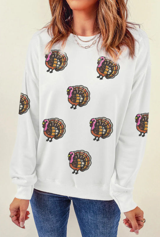 White Thanksgiving Turkey Sequin Patched Pullover Sweatshirt