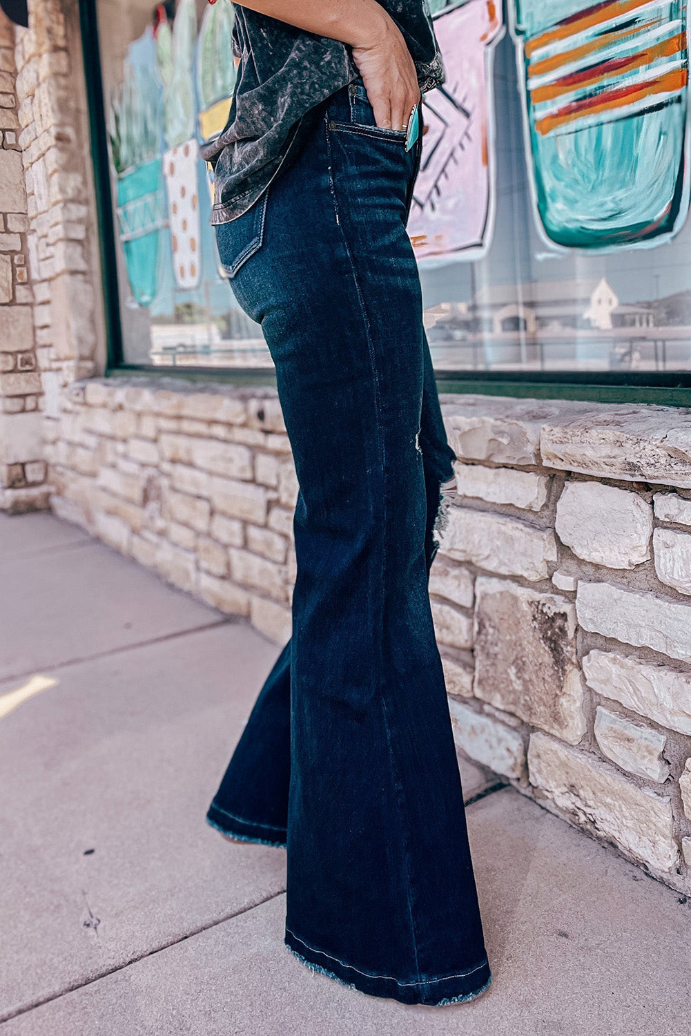 Jeans con fondo a campana strappati a vita alta in vero verde acqua