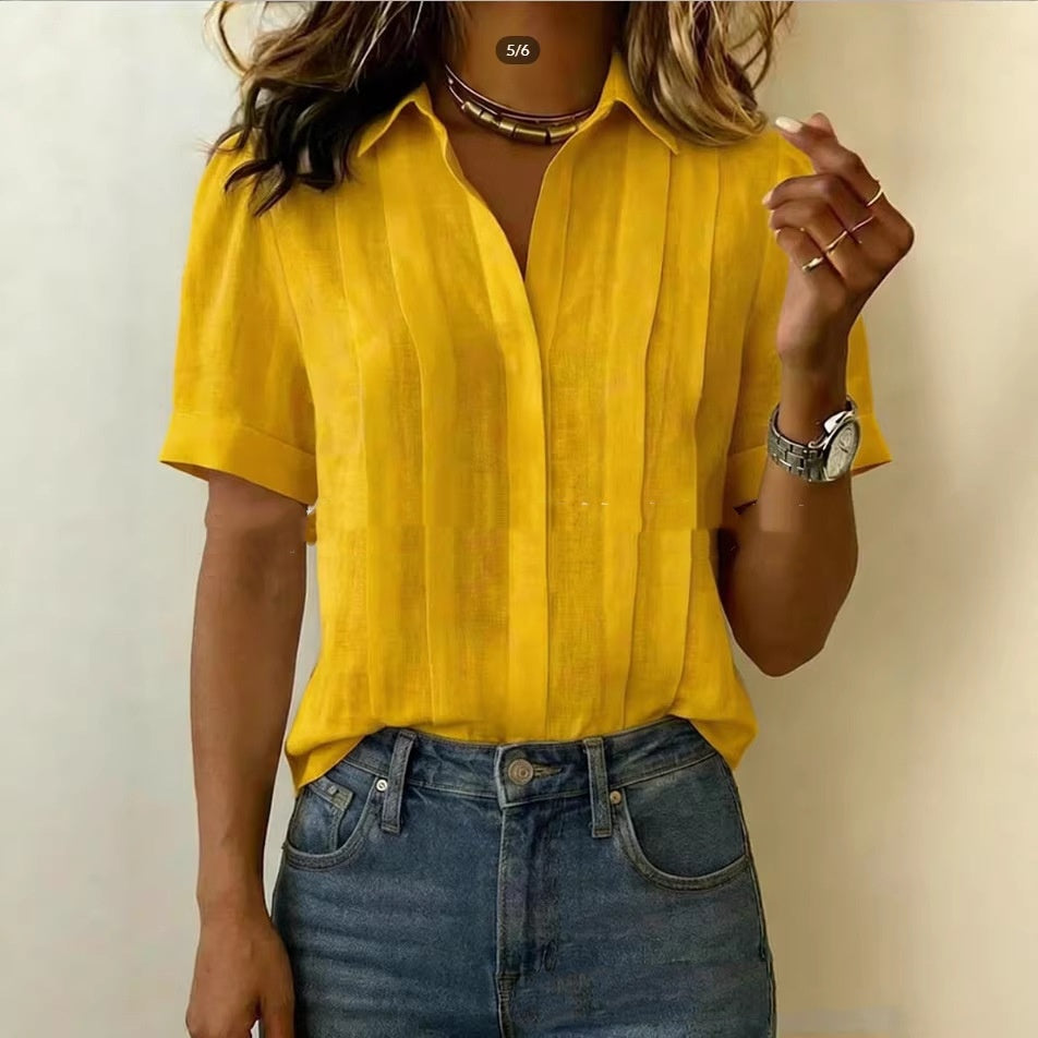Turn-down Collar, Short-sleeve, Loose-fit Pleated Cotton Shirt
