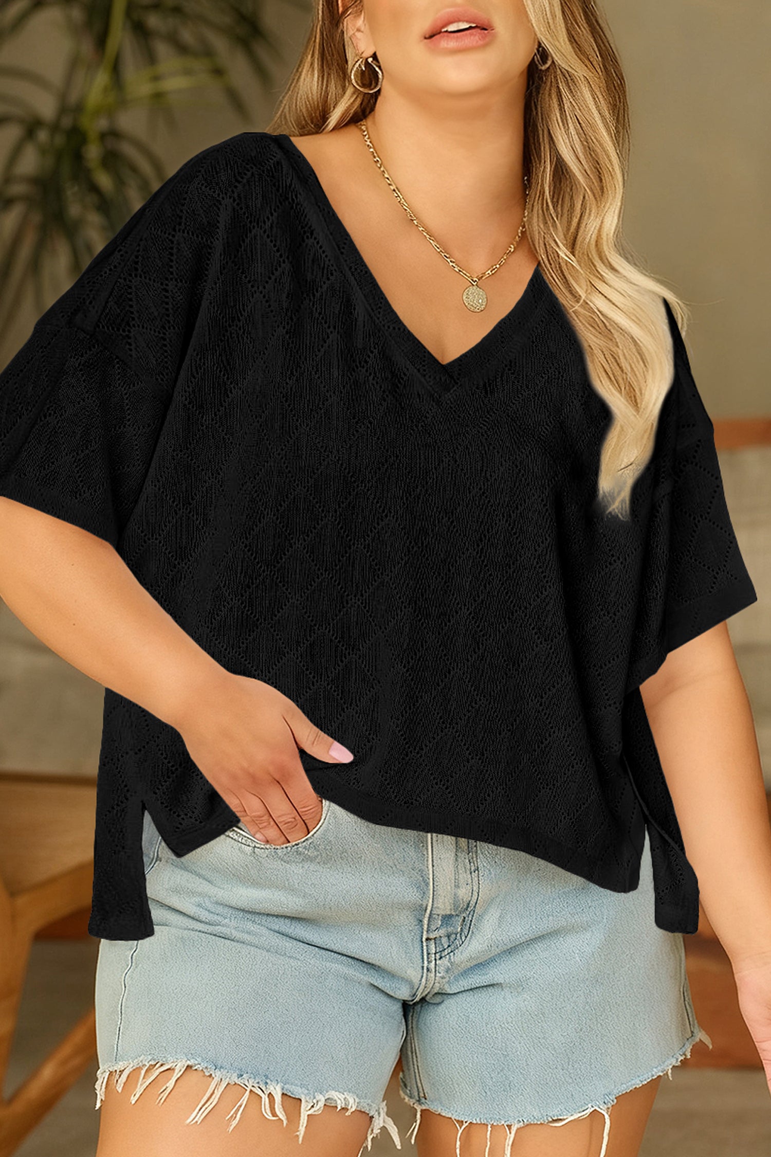 Black Pointelle Rhombus Knit Plus Size V Neck Loose Top