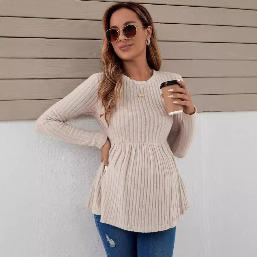 Long Sleeve Maternity Top Solid Color Pullover T-shirt