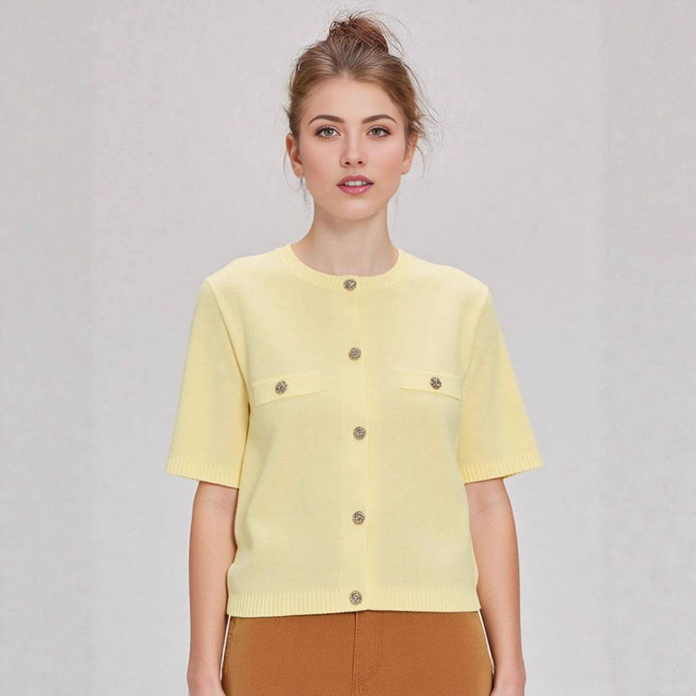 Polyester Women's Spring And Autumn Round Neck Knitted Cardigan Top