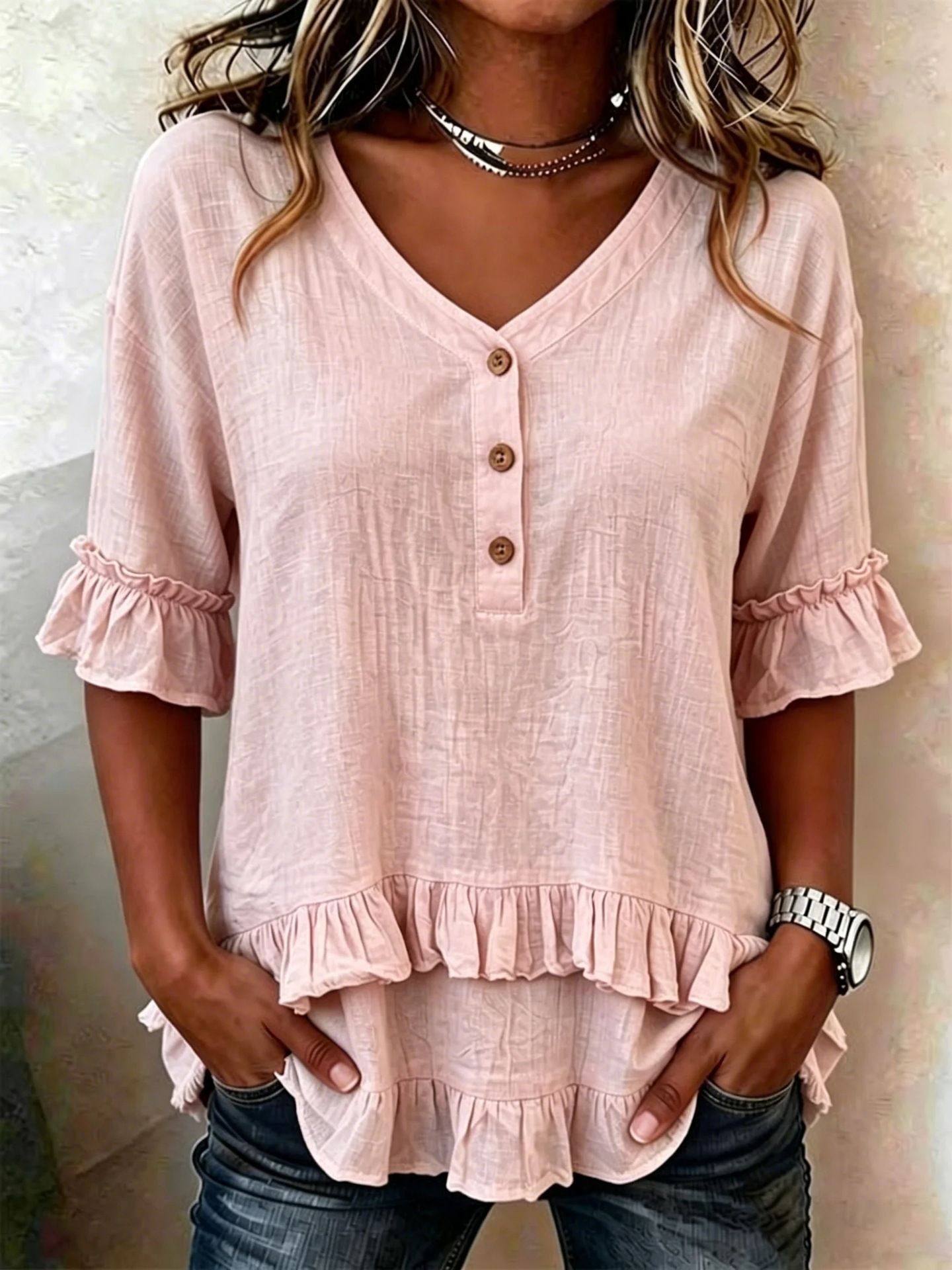 Womens Retro V-Neck Ruffled Loose Short-Sleeve Shirt