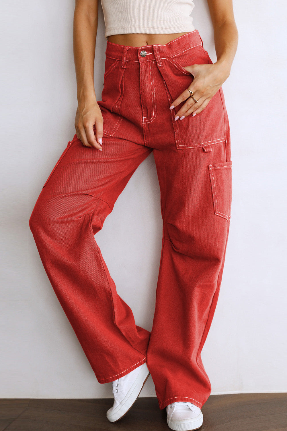 Green High Waist Straight Leg Cargo Pants with Pockets