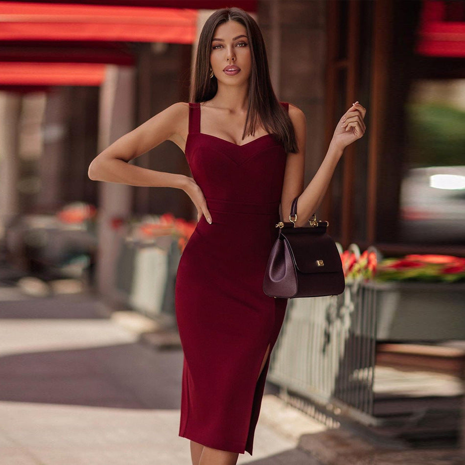 Sexy Vest Long Skirt Net Red Square Neck Sleeveless Dress Bandage Slit Dress Bandage Dress For Women