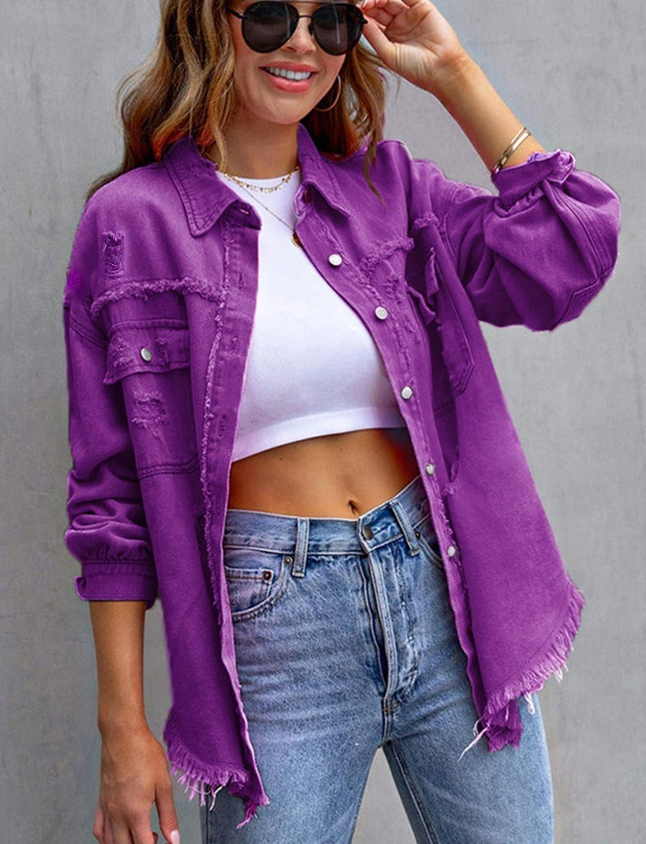 Leisure medium length denim jacket for women's loose and distressed patchwork jacket