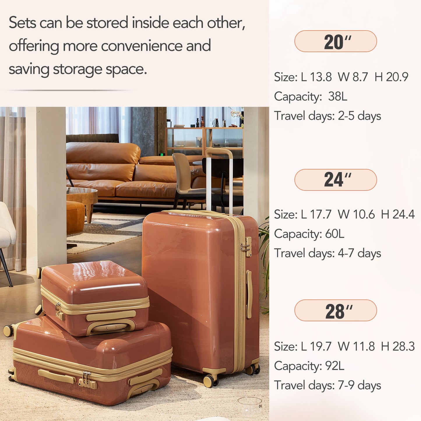 Hardshell PC Luggage Sets 3 Piece Spinner 8 wheels Suitcase with TSA Lock Lightweight 20''24''28'' Brown + ABS+PC