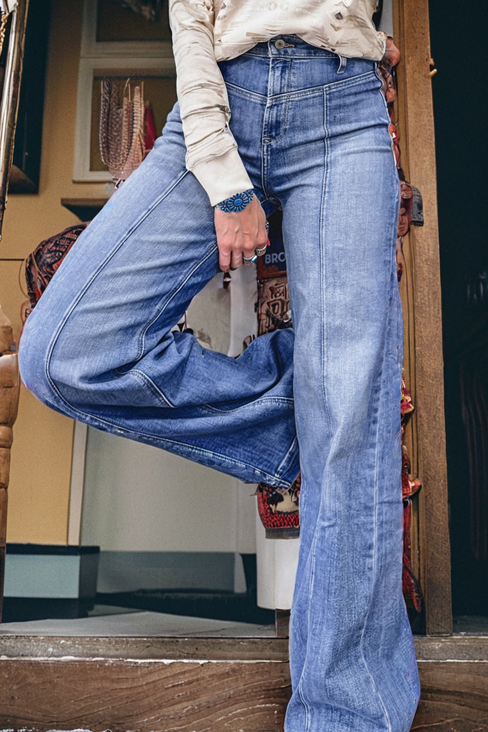 Beau Blue Tailored Center Seam Detail Straight Loose High Rise Jeans