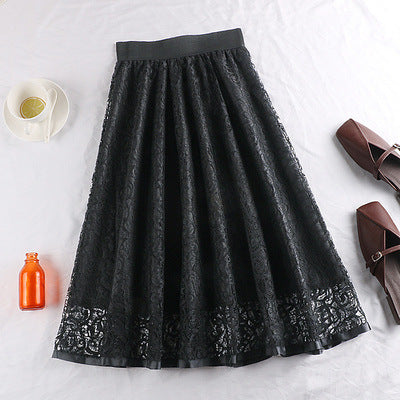 Spring And Summer Elastic High Waist Slimming Lace Crochet Hollow Large Swing A- Line Umbrella Skirt
