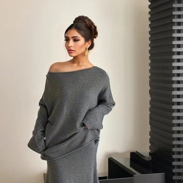 Knitted Sweater Skirts Suit Female Slash Neck Loose Long Sleeve Pullover And Elastic High Waist Fishtail Skirts