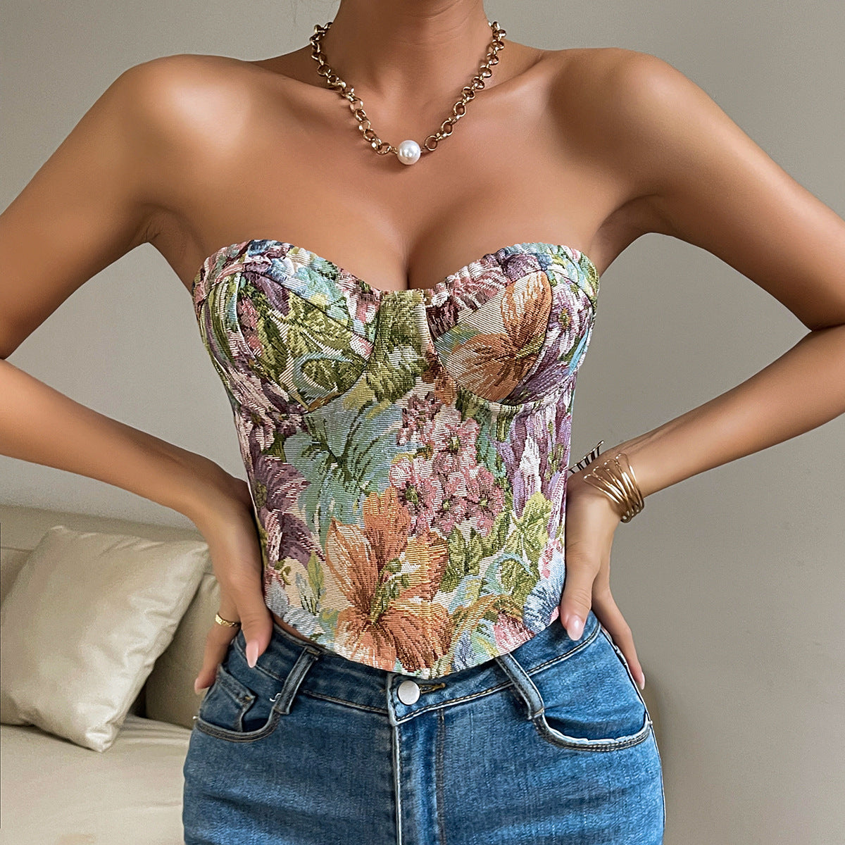 Retro Flower Niche Sling French Court Waist Girdling Band Adjustable Tube Top
