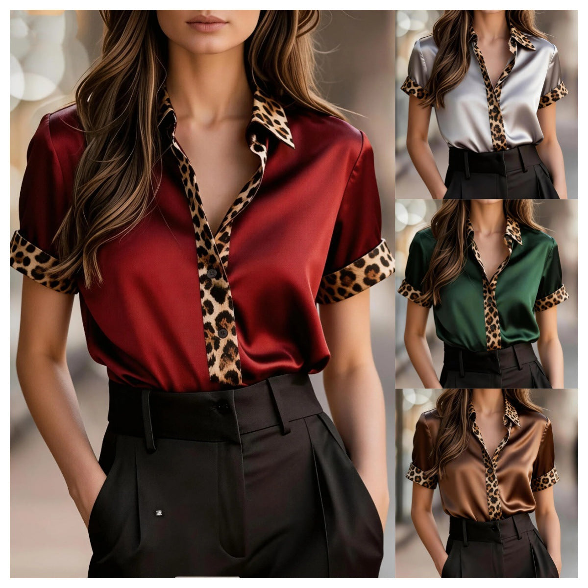 Leopard-Print Contrasting-Color Satin Elegant Commuter All-Match Shirt For Women