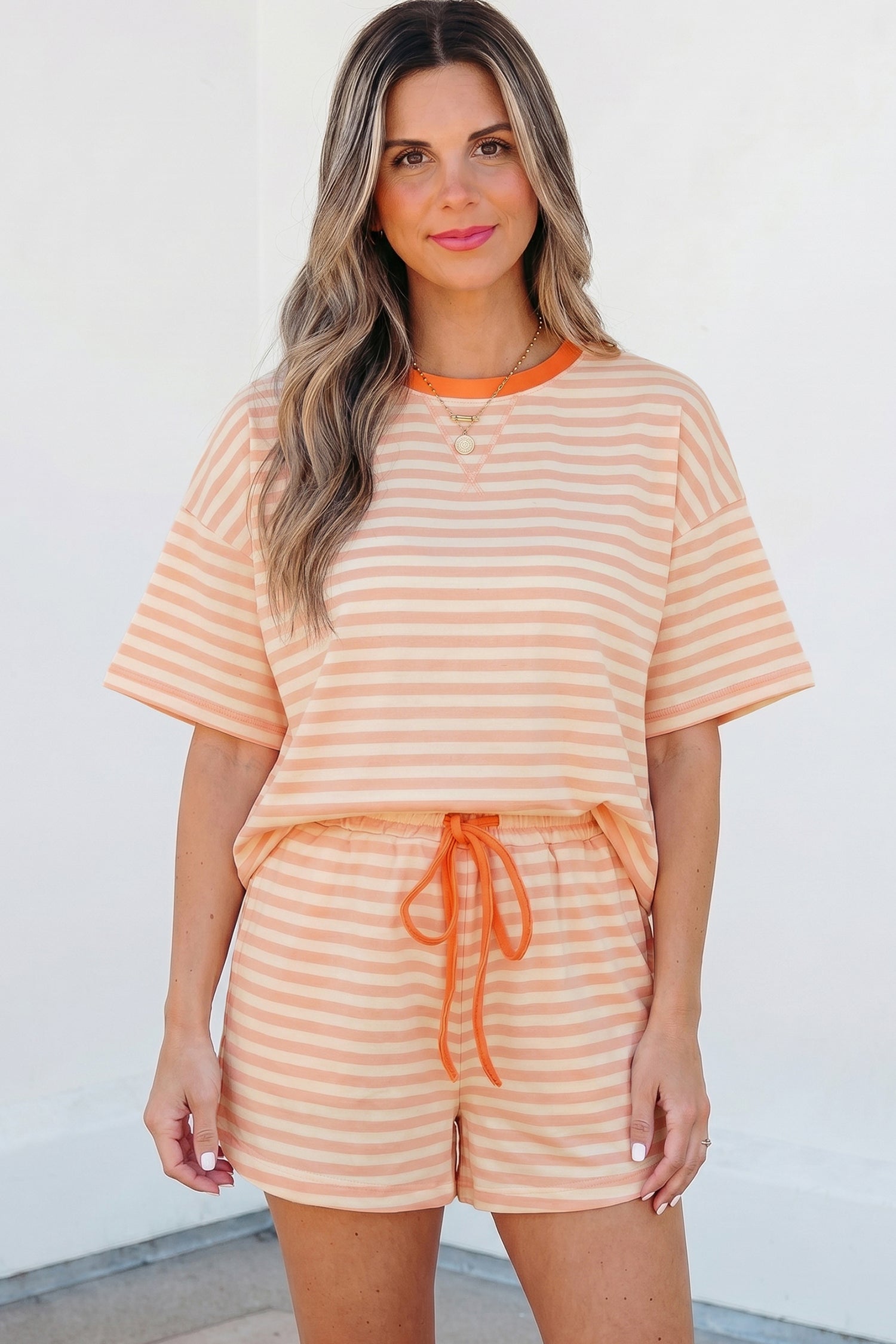 Pink Stripe Contrast Neck Loose Tee and Drawstring Shorts Set