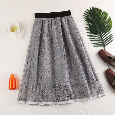 Spring And Summer Elastic High Waist Slimming Lace Crochet Hollow Large Swing A- Line Umbrella Skirt