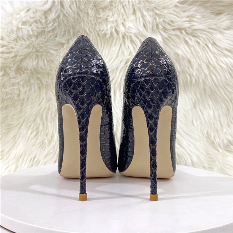 Snake skin patterned socialite high heels, pointed thin heels, soft leather, shallow cut single shoes