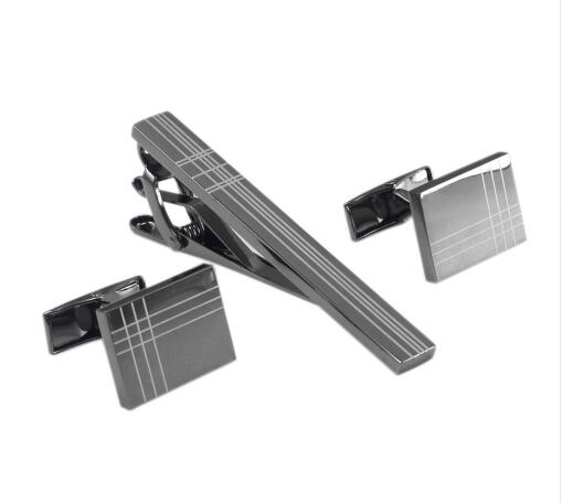 Classic Square Black Laser Stripe Men's Cufflinks Tie Clips Set