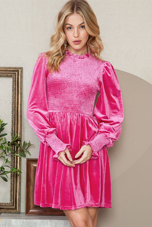 Green Smocked Lantern Sleeve Frilled Velvet Dress