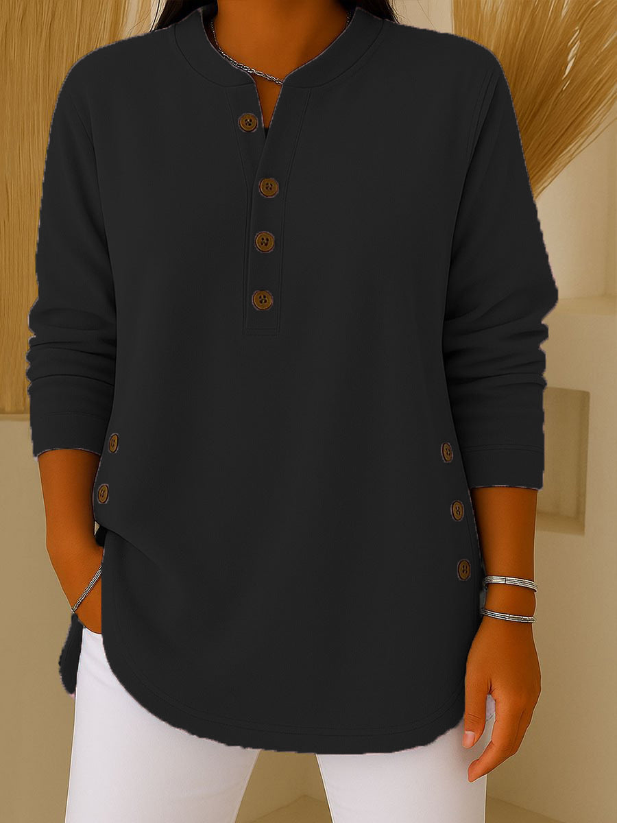 V-neck Button Solid Color Knitted Long Sleeve T-shirt