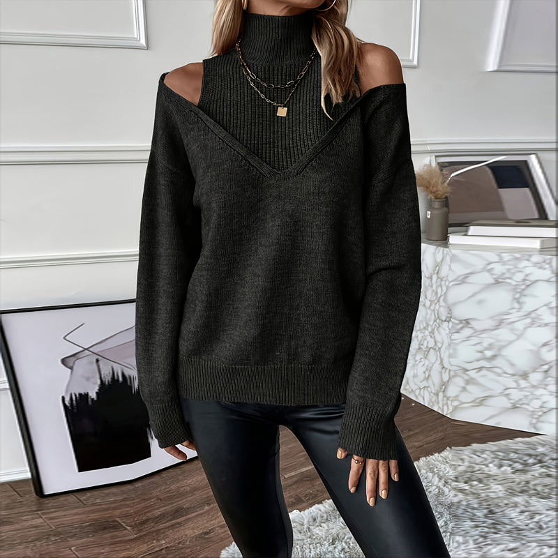 Women's Elegant Off-Shoulder Turtleneck Sweater, Solid Color Long Sleeve Knit Top For Autumn & Winter