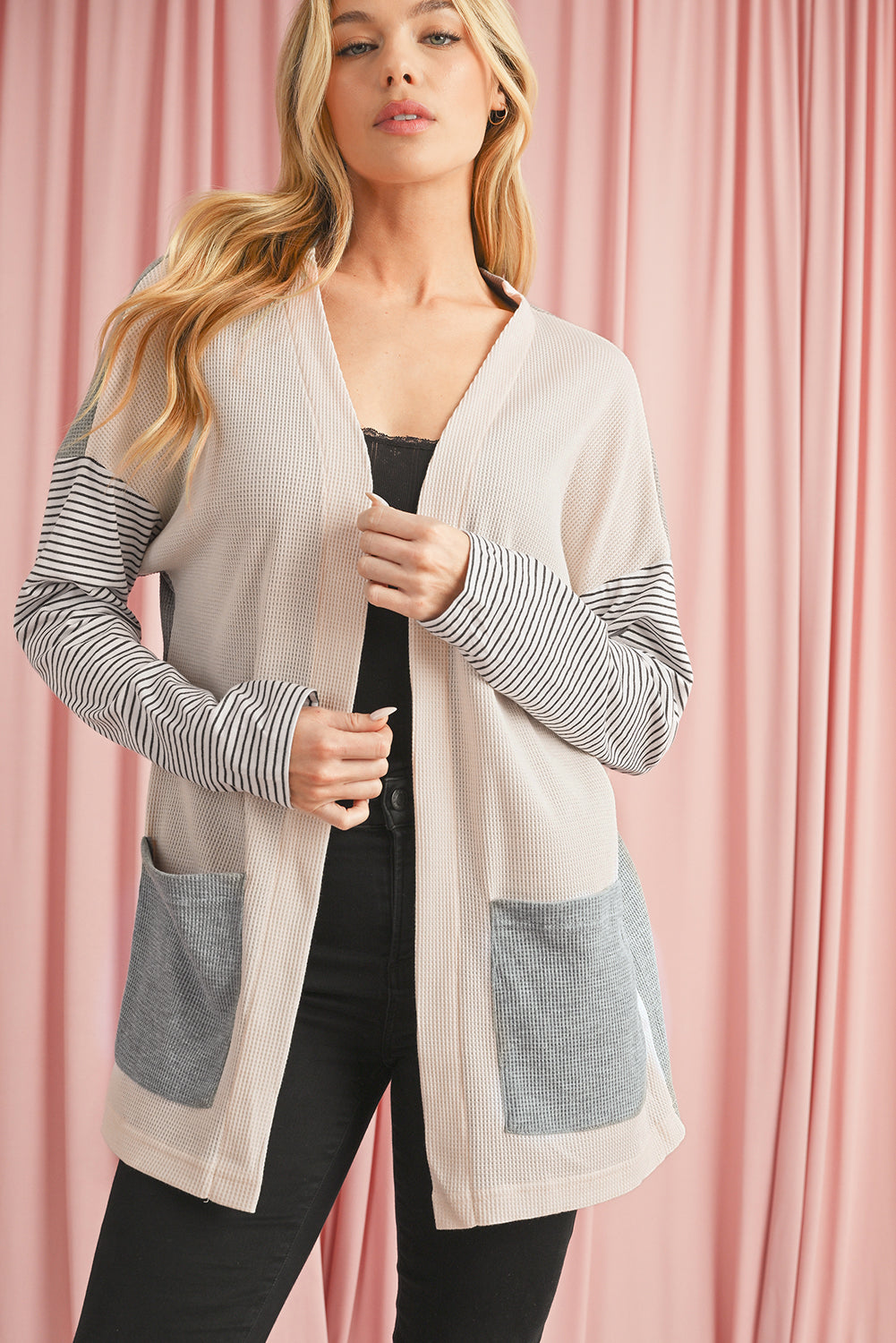 Black Striped Patchwork Pocket Open Front Cardigan