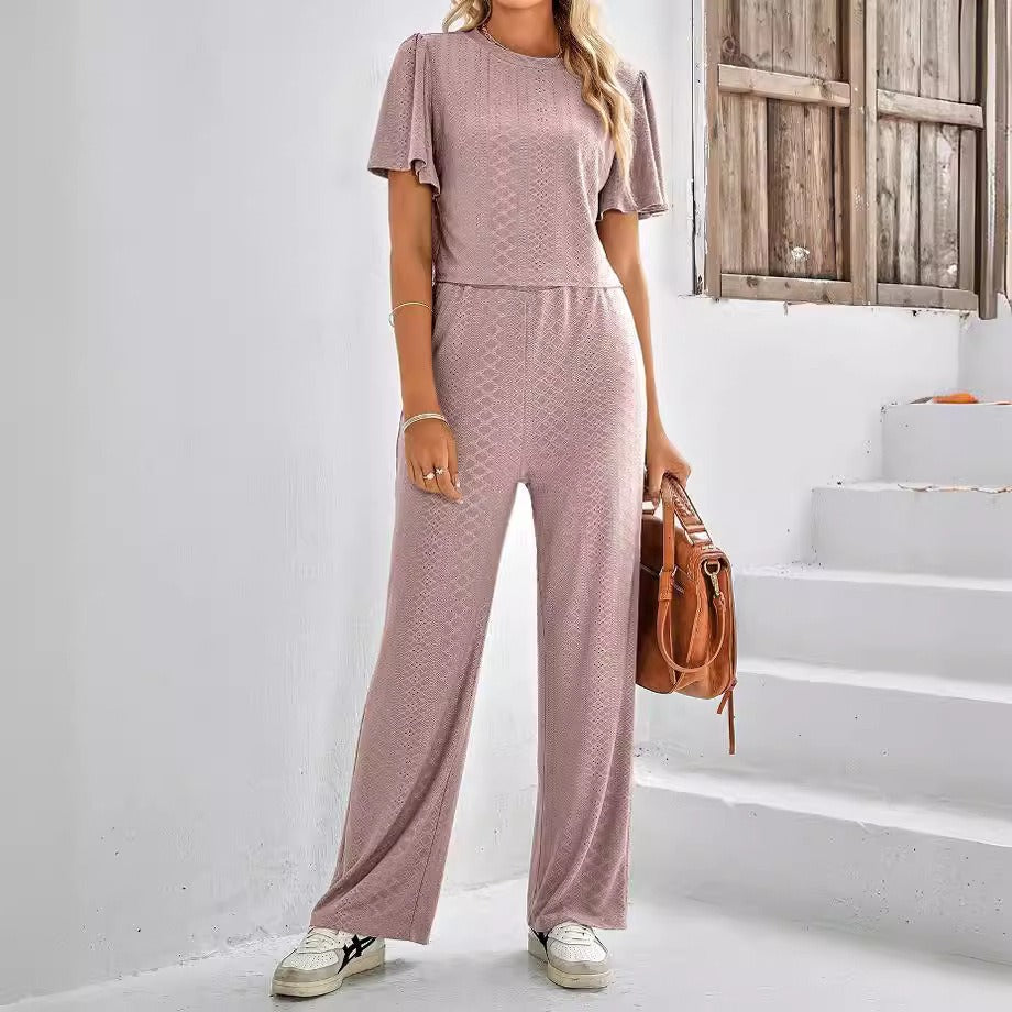 Summer knitted trousers for women solid color round neck short sleeves long trousers lotus leaf sleeves casual two piece suit