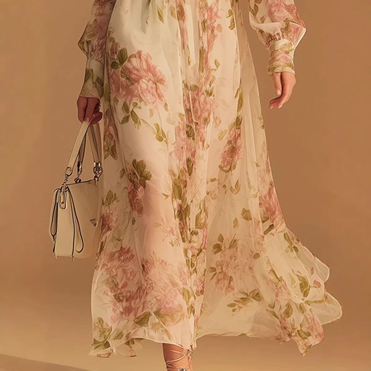 Floral-print V-neck French Vintage Mesh Dress