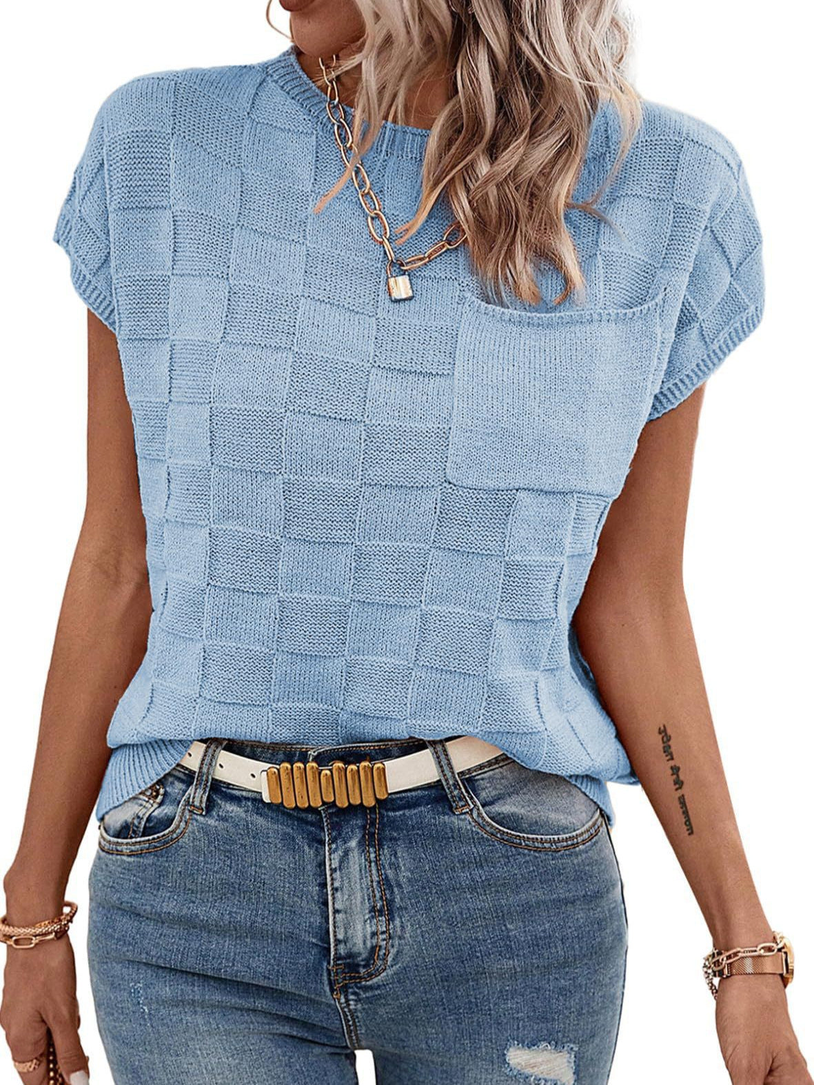 Small Plaid Knitted Casual Womens Top