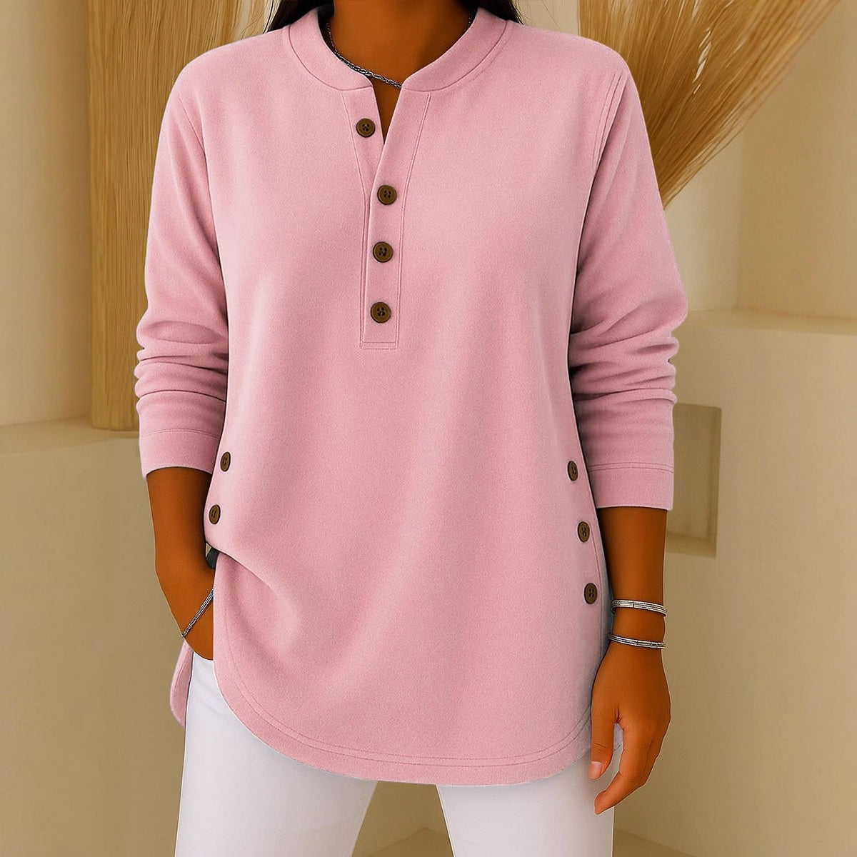 V-neck Button Solid Color Knitted Long Sleeve T-shirt