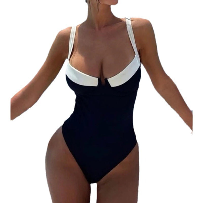 Women's black and white stitching sexy U-neck one-piece bikini swimsuit