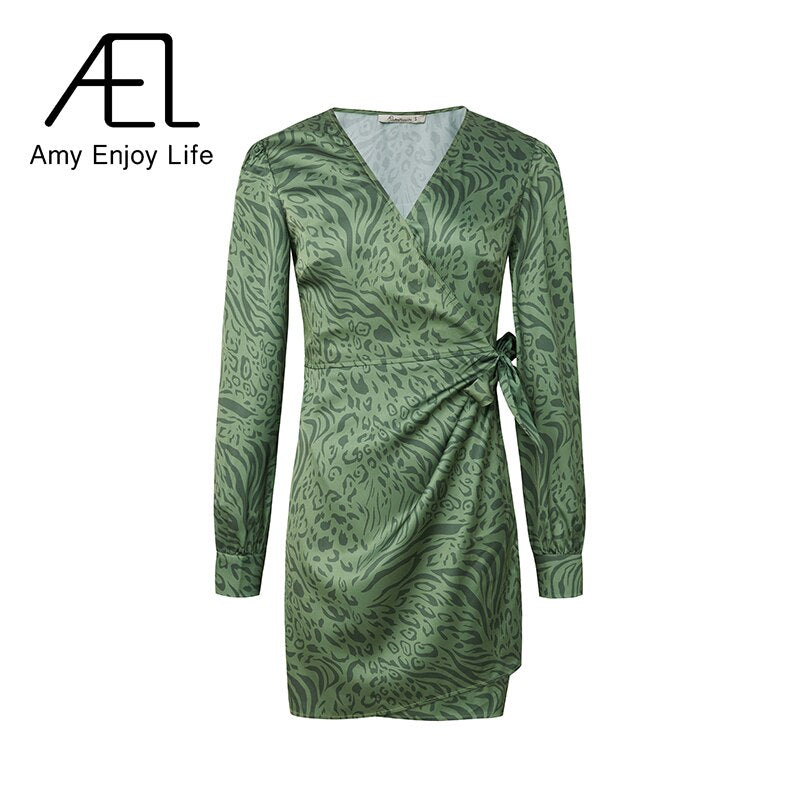 AEL Green Satin Print Wrap Dress Women Summer Lace Up Minidress Sexy Small V-Neck Streetwear