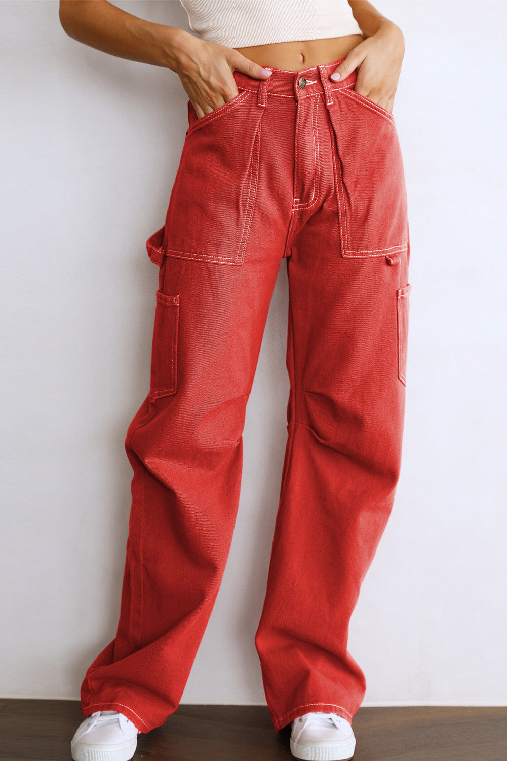 Green High Waist Straight Leg Cargo Pants with Pockets