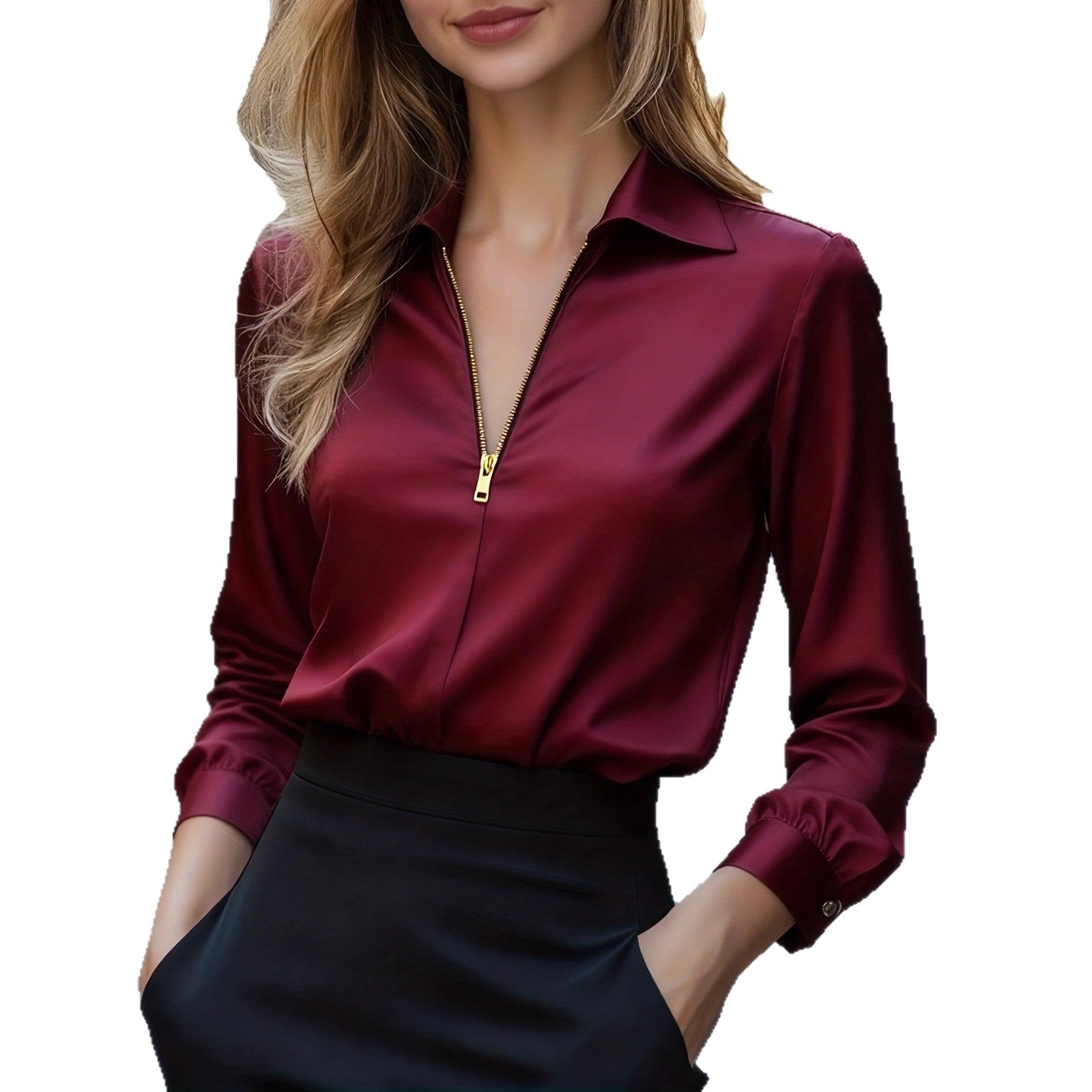 Elegant Solid-Color Minimalist V-Neck Long-Sleeve Shirt