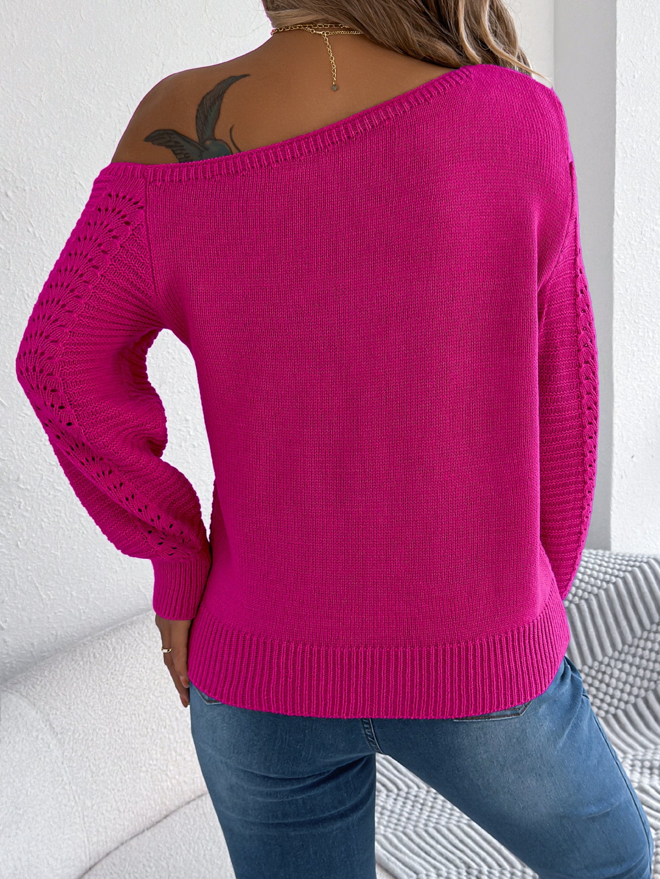 Women Casual Solid Color Hollow Out Off-Shoulder Long Sleeve Pullover Sweater