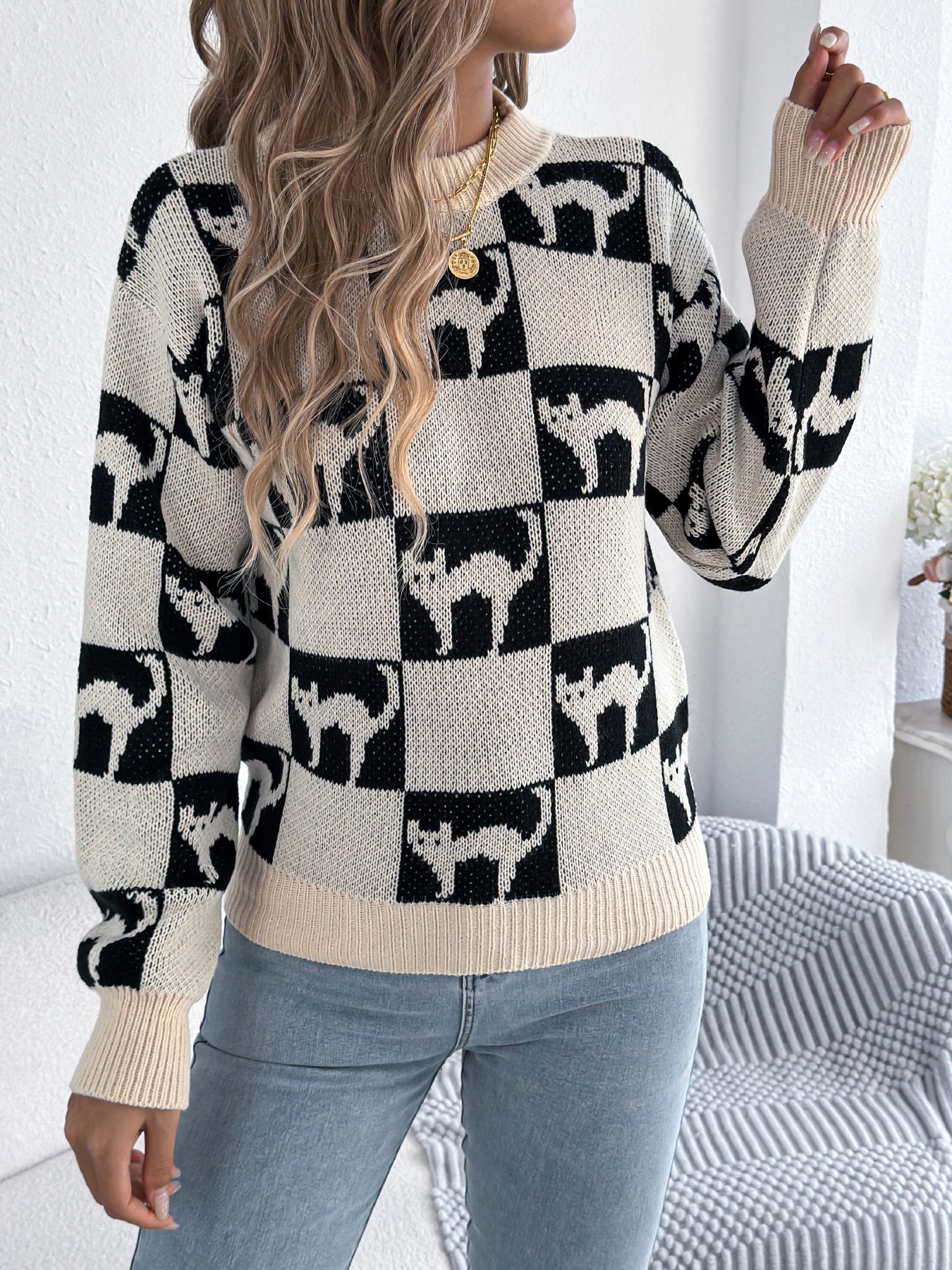 Women Halloween Plaid Lantern Sleeve Long Sleeve Pullover Sweater