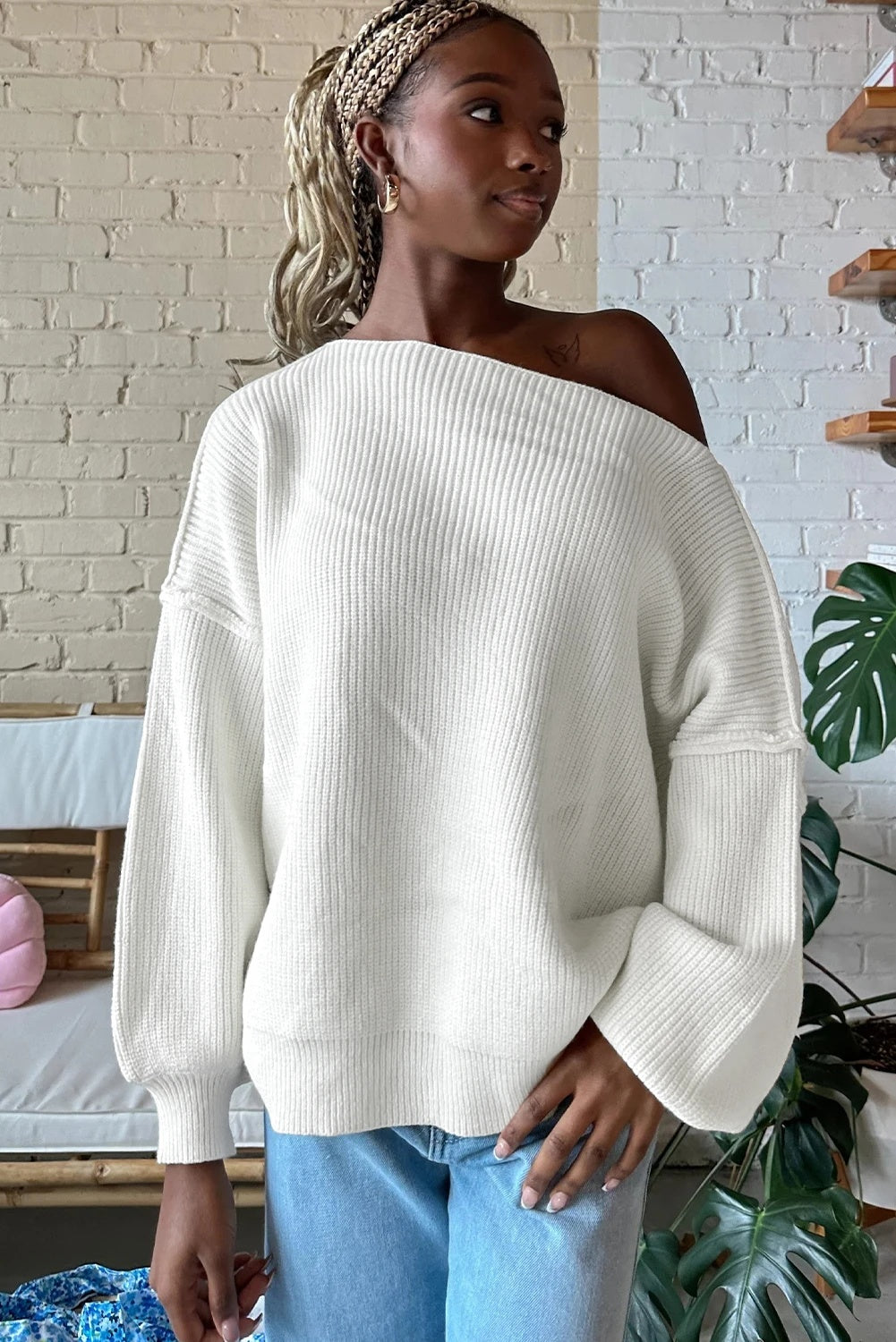 Women's Loose Casual Off-shoulder Asymmetric Collar Sweater