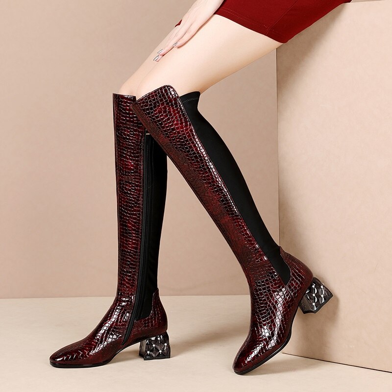 Autumn and Winter New Genuine Leather High Boots Women's Long Boots High Heel Over knee Boots Middle Heel Elastic Slim Boots Leather Boots