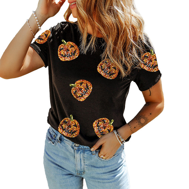 Women's Casual Halloween Sequin Stitching Loose Short Sleeve